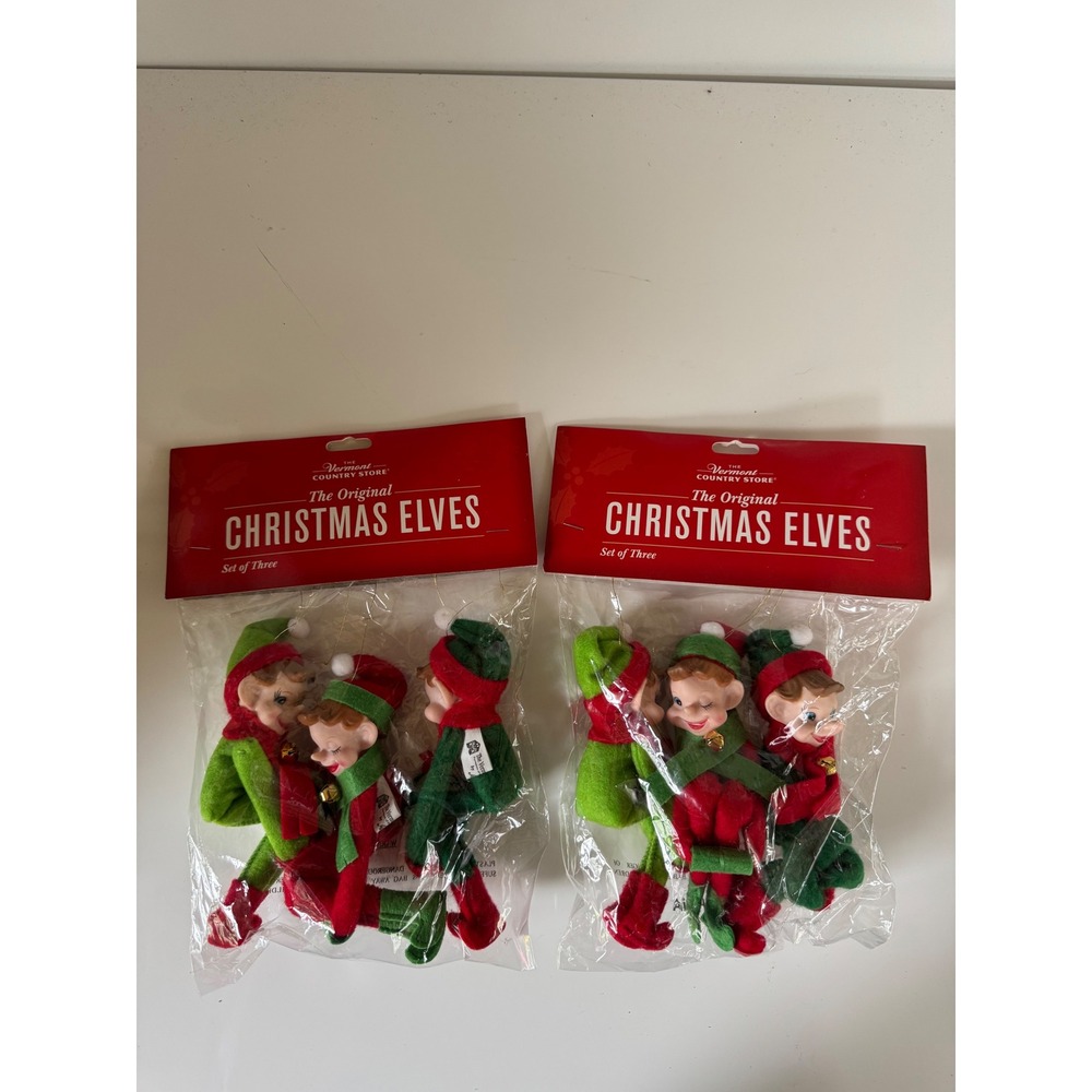 Annalee Vermont Country Store Christmas Elves Set of 6 Red Green Felt Dolls NEW